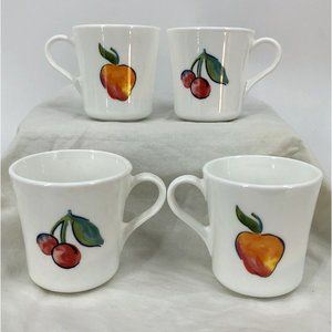 VTG Corelle Corningware Fruit Basket Mugs White Peach Apple Cherry Set of 4 USA